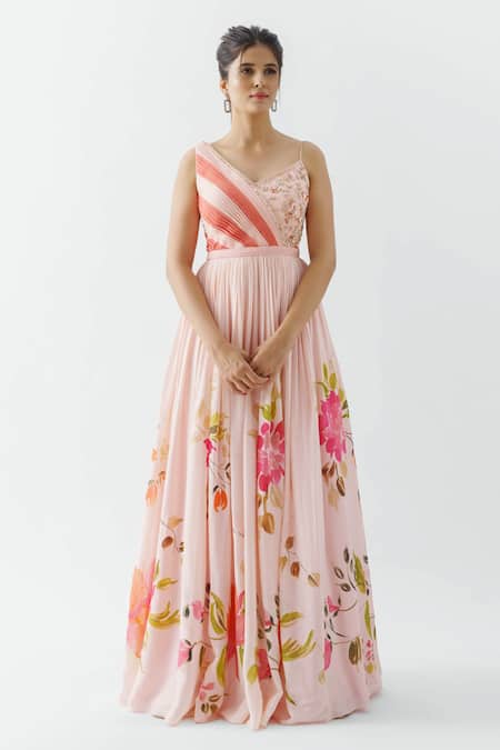 suruchi parakh Pink Georgette Crepe Hand Painted Floral Motifs V Neck Gown