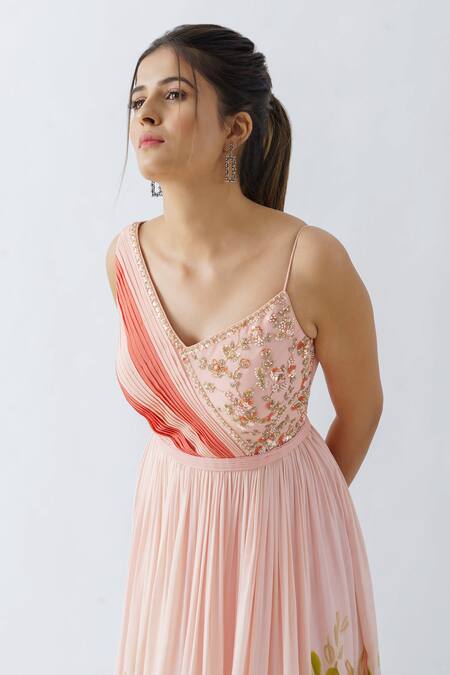 Buy_Suruchi Parakh_Pink Georgette Crepe, Lining Shantoon Floral Motifs V Neck Hand Painted Gown_Online_at_Aza_Fashions