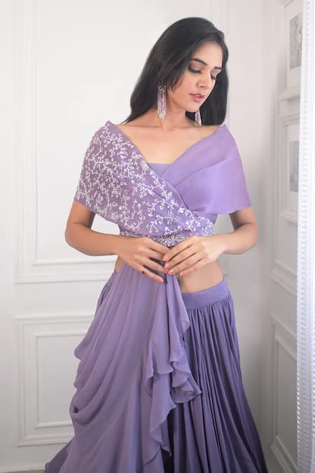 Buy_PIRI INDIA_Purple Organza, Georgette Beads, Sequins, Pearls Butterfly Crop Top Lehenga Set _Online_at_Aza_Fashions
