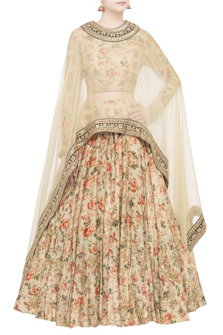 Debyani + Co Beige Organza Printed Floral Round Embellished Cape And Lehenga Set For Women