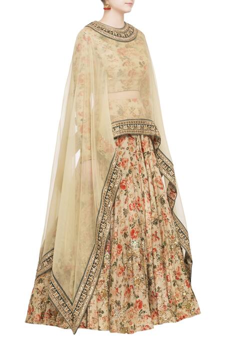Debyani + CO Beige Organza Floral Round Neck Embellished Cape And Lehenga Set Online at Aza Fashions Debyani + CO_Beige Organza Floral Round Neck Embellished Cape And Lehenga Set _Online_at_Aza_Fashions