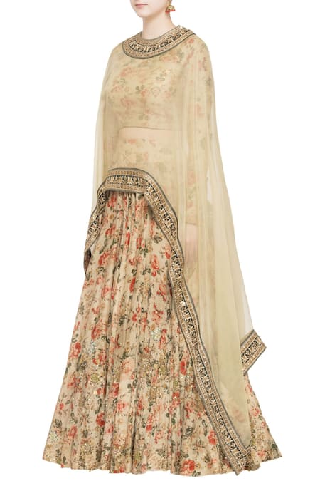 Buy Debyani + CO Beige Organza Floral Round Neck Embellished Cape And Lehenga Set Online at Aza Fashions Buy_Debyani + CO_Beige Organza Floral Round Neck Embellished Cape And Lehenga Set _Online_at_Aza_Fashions