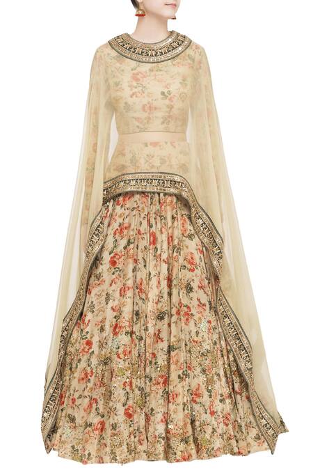 Shop Debyani + CO Beige Organza Floral Round Neck Embellished Cape And Lehenga Set Online at Aza Fashions Shop_Debyani + CO_Beige Organza Floral Round Neck Embellished Cape And Lehenga Set _Online_at_Aza_Fashions