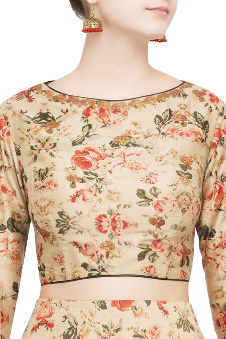 Debyani + CO Beige Organza Floral Round Neck Embellished Cape And Lehenga Set at Aza Fashions Debyani + CO_Beige Organza Floral Round Neck Embellished Cape And Lehenga Set _at_Aza_Fashions