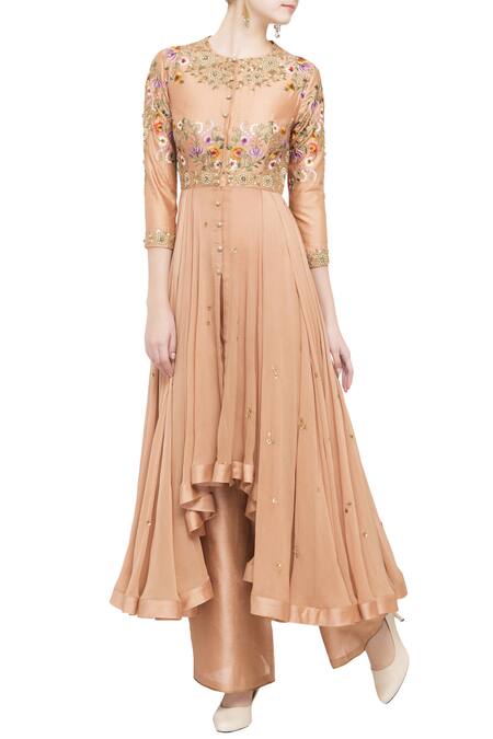 Debyani + Co Peach Chiffon Embroidered Floral Round Neck Asymmetrical Tunic For Women