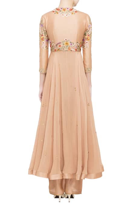Shop Debyani + CO Peach Chiffon Floral Round Neck Embroidered Asymmetrical Tunic at Aza Fashions Shop_Debyani + CO_Peach Chiffon Floral Round Neck Embroidered Asymmetrical Tunic _at_Aza_Fashions