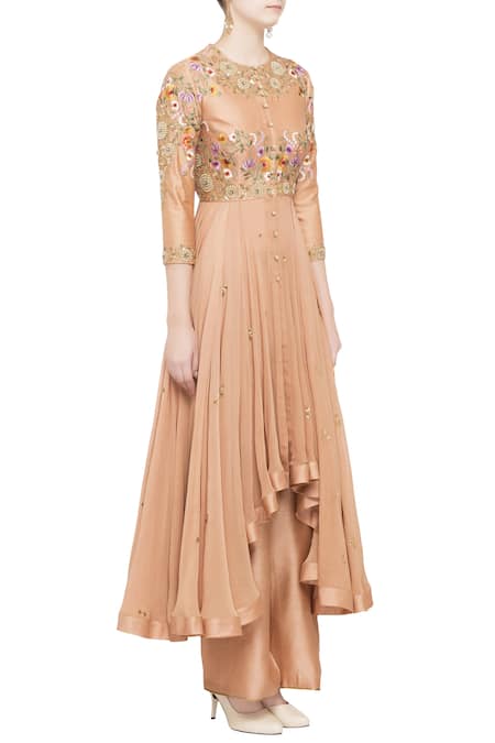 Debyani + CO Peach Chiffon Floral Round Neck Embroidered Asymmetrical Tunic Online at Aza Fashions Debyani + CO_Peach Chiffon Floral Round Neck Embroidered Asymmetrical Tunic _Online_at_Aza_Fashions