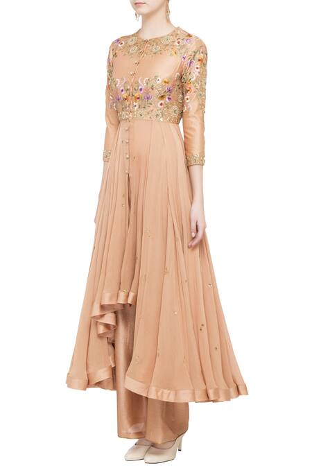 Buy Debyani + CO Peach Chiffon Floral Round Neck Embroidered Asymmetrical Tunic Online at Aza Fashions Buy_Debyani + CO_Peach Chiffon Floral Round Neck Embroidered Asymmetrical Tunic _Online_at_Aza_Fashions