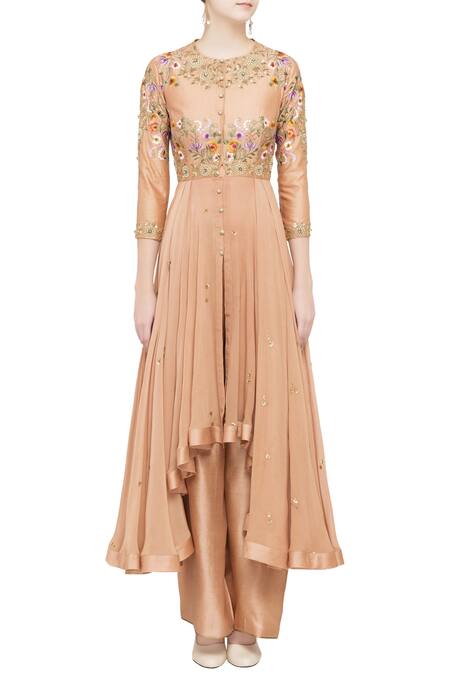 Shop Debyani + CO Peach Chiffon Floral Round Neck Embroidered Asymmetrical Tunic Online at Aza Fashions Shop_Debyani + CO_Peach Chiffon Floral Round Neck Embroidered Asymmetrical Tunic _Online_at_Aza_Fashions