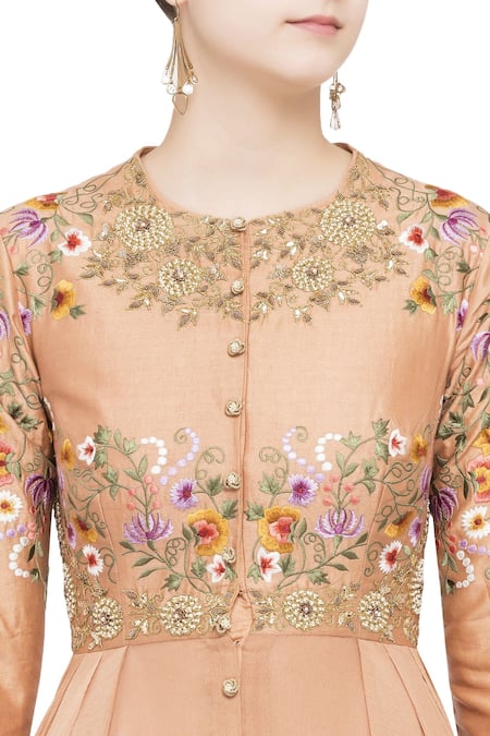 Debyani + CO Peach Chiffon Floral Round Neck Embroidered Asymmetrical Tunic at Aza Fashions Debyani + CO_Peach Chiffon Floral Round Neck Embroidered Asymmetrical Tunic _at_Aza_Fashions