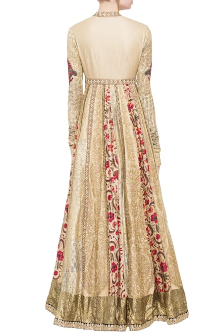 Shop Debyani + CO Beige Chanderi Floral, Sequin V Neck Embellished Anarkali Kurta at Aza Fashions Shop_Debyani + CO_Beige Chanderi Floral, Sequin V Neck Embellished Anarkali Kurta _at_Aza_Fashions