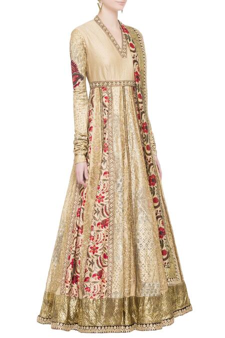 Debyani + CO Beige Chanderi Floral, Sequin V Neck Embellished Anarkali Kurta Online at Aza Fashions Debyani + CO_Beige Chanderi Floral, Sequin V Neck Embellished Anarkali Kurta _Online_at_Aza_Fashions