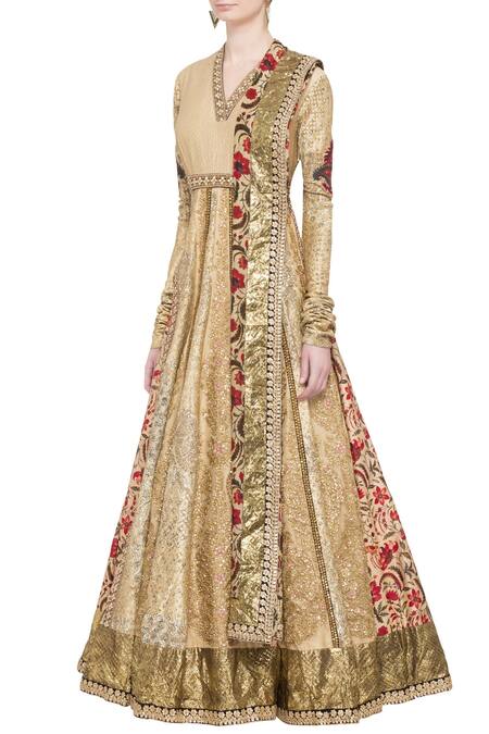 Buy Debyani + CO Beige Chanderi Floral, Sequin V Neck Embellished Anarkali Kurta Online at Aza Fashions Buy_Debyani + CO_Beige Chanderi Floral, Sequin V Neck Embellished Anarkali Kurta _Online_at_Aza_Fashions