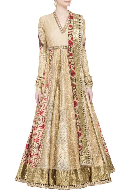 Shop Debyani + CO Beige Chanderi Floral, Sequin V Neck Embellished Anarkali Kurta Online at Aza Fashions Shop_Debyani + CO_Beige Chanderi Floral, Sequin V Neck Embellished Anarkali Kurta _Online_at_Aza_Fashions