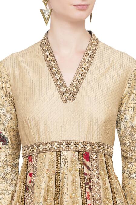 Debyani + CO Beige Chanderi Floral, Sequin V Neck Embellished Anarkali Kurta at Aza Fashions Debyani + CO_Beige Chanderi Floral, Sequin V Neck Embellished Anarkali Kurta _at_Aza_Fashions