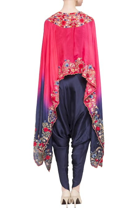 Shop Debyani + CO Blue Silk, Cotton Floral Notched Embroidered Asymmetrical Cape Tunic at Aza Fashions Shop_Debyani + CO_Blue Silk, Cotton Floral Notched Embroidered Asymmetrical Cape Tunic _at_Aza_Fashions