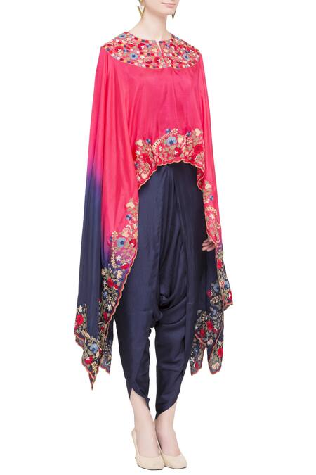 Debyani + CO Blue Silk, Cotton Floral Notched Embroidered Asymmetrical Cape Tunic Online at Aza Fashions Debyani + CO_Blue Silk, Cotton Floral Notched Embroidered Asymmetrical Cape Tunic _Online_at_Aza_Fashions