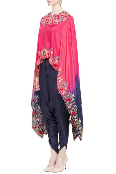 Buy Debyani + CO Blue Silk, Cotton Floral Notched Embroidered Asymmetrical Cape Tunic Online at Aza Fashions Buy_Debyani + CO_Blue Silk, Cotton Floral Notched Embroidered Asymmetrical Cape Tunic _Online_at_Aza_Fashions