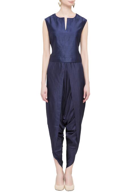 Shop Debyani + CO Blue Silk, Cotton Floral Notched Embroidered Asymmetrical Cape Tunic Online at Aza Fashions Shop_Debyani + CO_Blue Silk, Cotton Floral Notched Embroidered Asymmetrical Cape Tunic _Online_at_Aza_Fashions