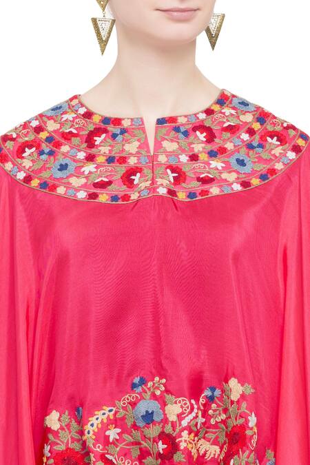Debyani + CO Blue Silk, Cotton Floral Notched Embroidered Asymmetrical Cape Tunic at Aza Fashions Debyani + CO_Blue Silk, Cotton Floral Notched Embroidered Asymmetrical Cape Tunic _at_Aza_Fashions