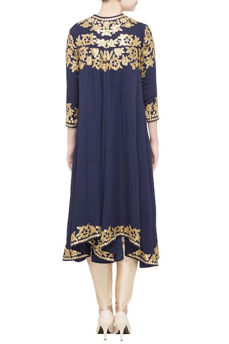 Shop Debyani + CO Blue Navy Georgette And Silk Embellished Asymmetric Jacket at Aza Fashions Shop_Debyani + CO_Blue Navy Georgette And Silk Embellished Asymmetric Jacket _at_Aza_Fashions