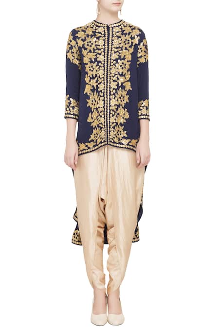 Shop Debyani + CO Blue Navy Georgette And Silk Embellished Asymmetric Jacket Online at Aza Fashions Shop_Debyani + CO_Blue Navy Georgette And Silk Embellished Asymmetric Jacket _Online_at_Aza_Fashions