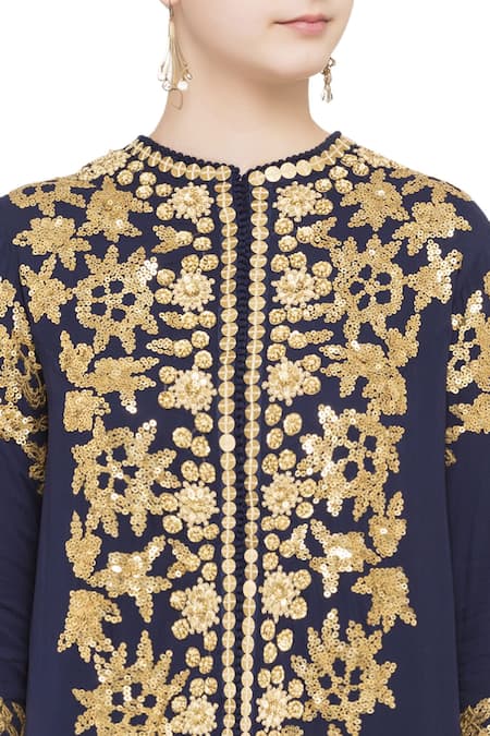 Debyani + CO Blue Navy Georgette And Silk Embellished Asymmetric Jacket at Aza Fashions Debyani + CO_Blue Navy Georgette And Silk Embellished Asymmetric Jacket _at_Aza_Fashions