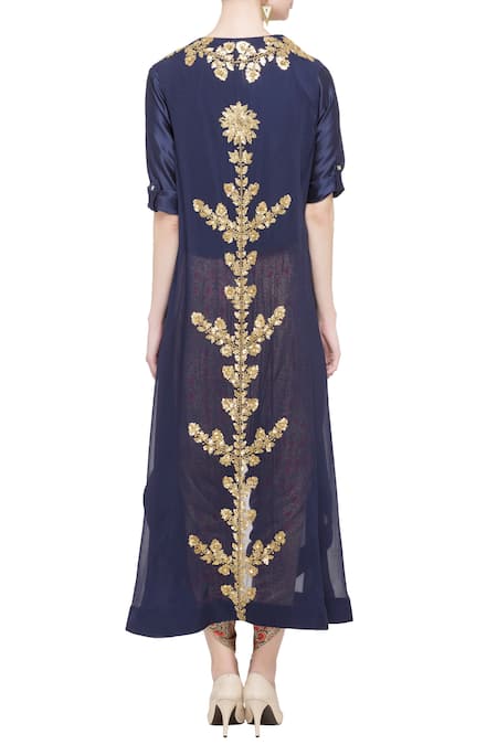 Shop Debyani + CO Blue Navy Georgette And Silk Embellished Asymmetric Jacket & Dhoti at Aza Fashions Shop_Debyani + CO_Blue Navy Georgette And Silk Embellished Asymmetric Jacket & Dhoti _at_Aza_Fashions