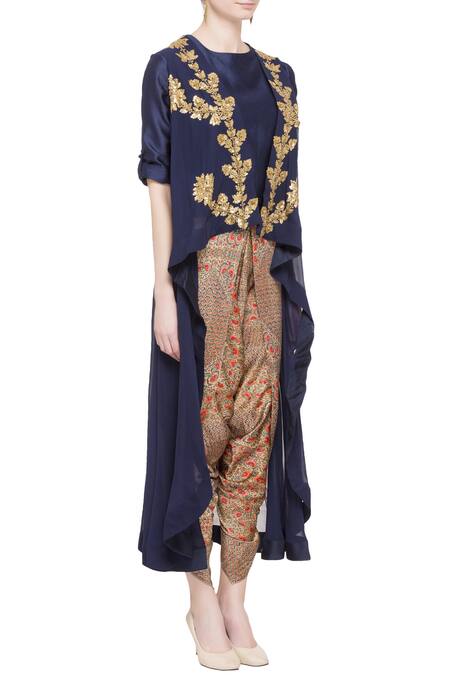 Debyani + CO Blue Navy Georgette And Silk Embellished Asymmetric Jacket & Dhoti Online at Aza Fashions Debyani + CO_Blue Navy Georgette And Silk Embellished Asymmetric Jacket & Dhoti _Online_at_Aza_Fashions