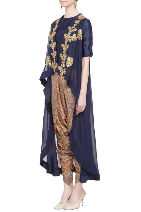 Buy Debyani + CO Blue Navy Georgette And Silk Embellished Asymmetric Jacket & Dhoti Online at Aza Fashions Buy_Debyani + CO_Blue Navy Georgette And Silk Embellished Asymmetric Jacket & Dhoti _Online_at_Aza_Fashions