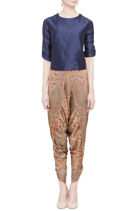 Shop Debyani + CO Blue Navy Georgette And Silk Embellished Asymmetric Jacket & Dhoti Online at Aza Fashions Shop_Debyani + CO_Blue Navy Georgette And Silk Embellished Asymmetric Jacket & Dhoti _Online_at_Aza_Fashions