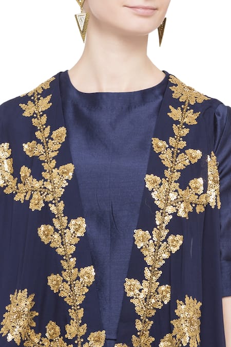Debyani + CO Blue Navy Georgette And Silk Embellished Asymmetric Jacket & Dhoti at Aza Fashions Debyani + CO_Blue Navy Georgette And Silk Embellished Asymmetric Jacket & Dhoti _at_Aza_Fashions