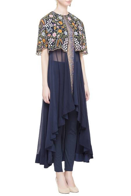 Debyani + CO_Blue Navy Chintz Embroidered Cape Gown _Online_at_Aza_Fashions