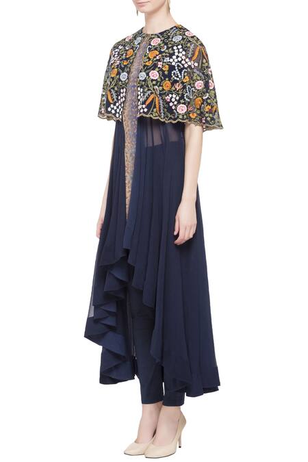 Buy_Debyani + CO_Blue Navy Chintz Embroidered Cape Gown _Online_at_Aza_Fashions