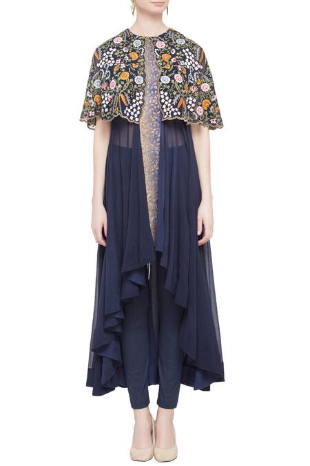 Shop_Debyani + CO_Blue Navy Chintz Embroidered Cape Gown _Online_at_Aza_Fashions