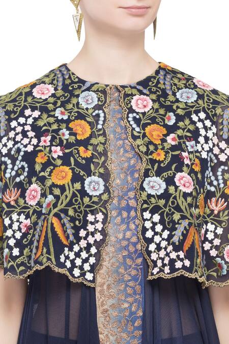 Debyani + CO_Blue Navy Chintz Embroidered Cape Gown _at_Aza_Fashions