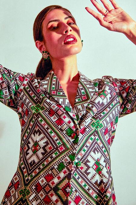 Buy Fuga Multi Color Cotton Embroidery Pixel Patola Blazer And Pant Set Online at Aza Fashions Buy_Fuga_Multi Color Cotton Embroidery Pixel Patola Blazer And Pant Set_Online_at_Aza_Fashions