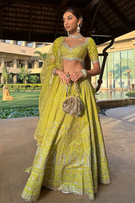 Shop_Gopi Vaid_Green Tussar, Organza Gota Patti, Embroidery, Tassels Shahi Silk Lehenga Set 