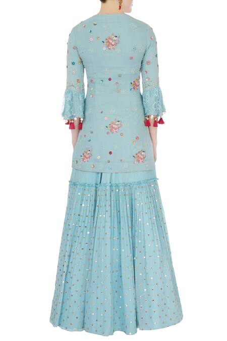 Shop_Monika Nidhii_Blue Round Embroidered Kurta Sharara Set  _at_Aza_Fashions