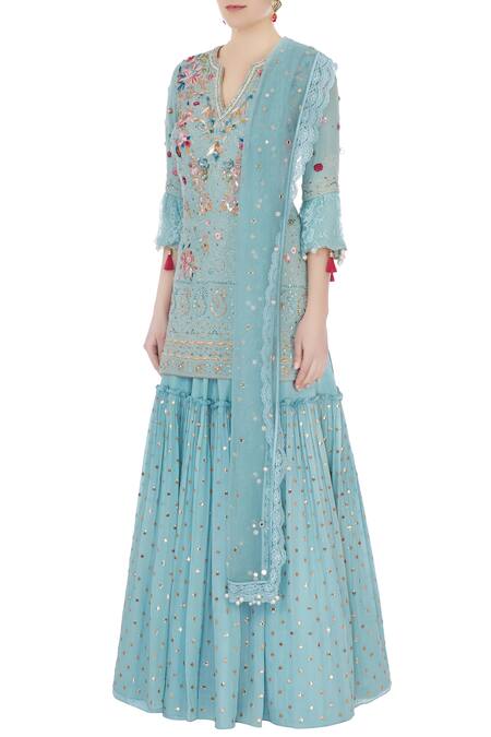 Buy_Monika Nidhii_Blue Round Embroidered Kurta Sharara Set  _Online_at_Aza_Fashions
