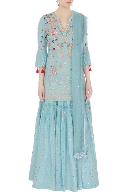 Shop_Monika Nidhii_Blue Round Embroidered Kurta Sharara Set  _Online_at_Aza_Fashions