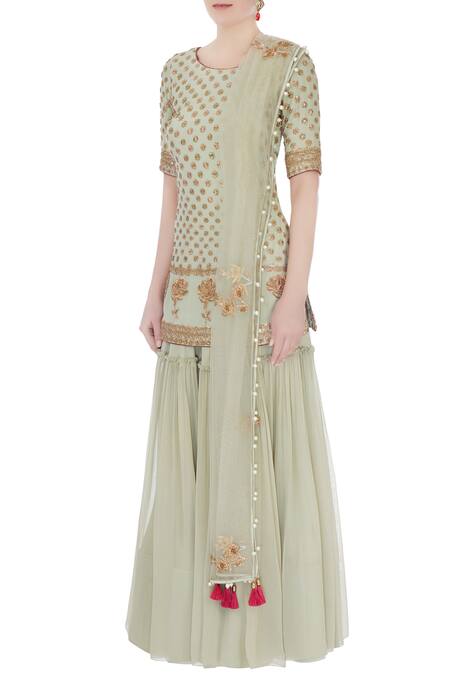 Buy_Monika Nidhii_Green Round Embroidered Kurta Sharara Set  _Online_at_Aza_Fashions