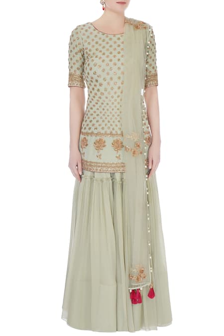 Shop_Monika Nidhii_Green Round Embroidered Kurta Sharara Set  _Online_at_Aza_Fashions