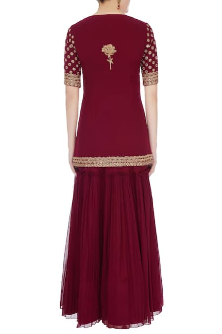 Shop_Monika Nidhii_Maroon Round Embroidered Kurta Sharara Set  _at_Aza_Fashions
