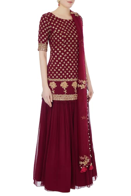 Monika Nidhii_Maroon Round Embroidered Kurta Sharara Set  _Online_at_Aza_Fashions