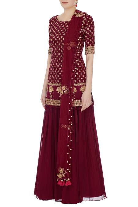 Buy_Monika Nidhii_Maroon Round Embroidered Kurta Sharara Set  _Online_at_Aza_Fashions