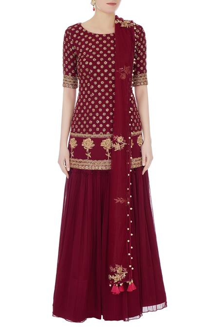 Shop_Monika Nidhii_Maroon Round Embroidered Kurta Sharara Set  _Online_at_Aza_Fashions