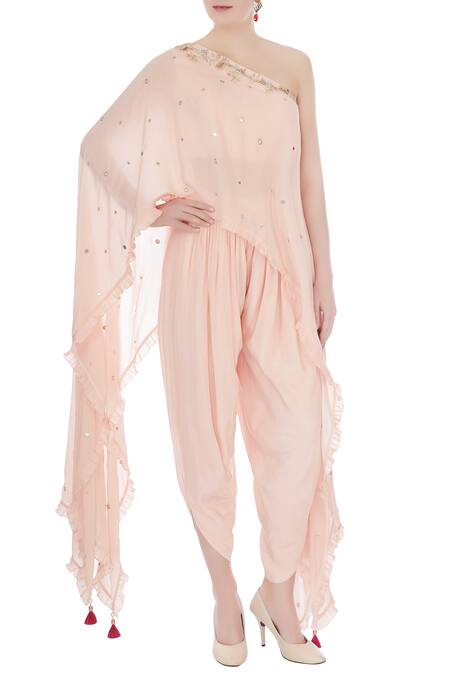 Monika Nidhii Pink Crepe Embellished Asymmetric One Shoulder Kurta And Dhoti Pant Set For Women