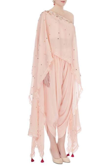 Monika Nidhii_Pink Crepe Embellished Asymmetric One Shoulder Kurta And Dhoti Pant Set  _Online_at_Aza_Fashions
