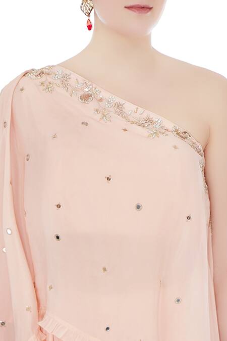 Monika Nidhii_Pink Crepe Embellished Asymmetric One Shoulder Kurta And Dhoti Pant Set  _at_Aza_Fashions